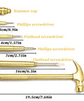 Six In One Mini Hammer And Screwdriver Set Portable Multitool with claw hammer, flat head and Phillips screwdrivers, various sizes shown.