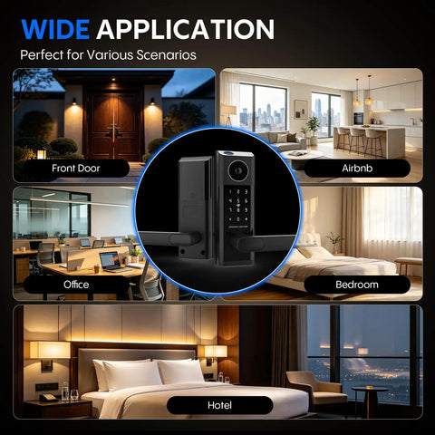 Next Level Smart Door Lock With Onboard Video Doorbell And Quick Fingerprint Access For A Solid Keyless Front Door Setup shown in various applications.