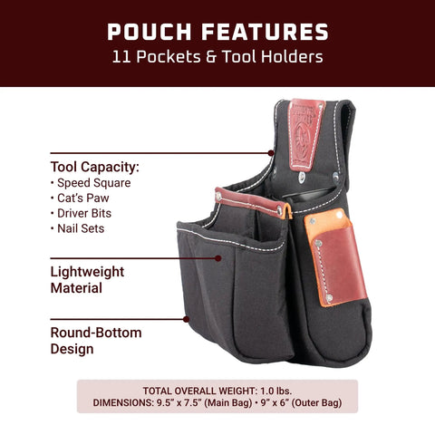 OxyFinisher Fastener Bag For Right Hand With 11 Pockets And Tool Holders, Made In USA, round bottom design, shown with features.