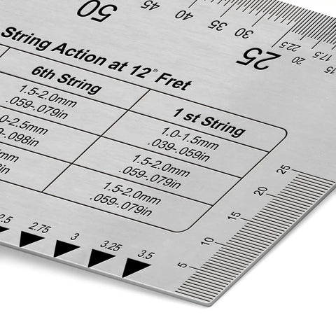 Guitar String Action Gauge And Height Ruler Setup Kit For Precise String Height, Saddle Slot, Nut And Pole Piece Measurements, Stainless Steel String Gauge Tool For Guitar, Bass, Mandolin, Banjo, stainless steel ruler close-up