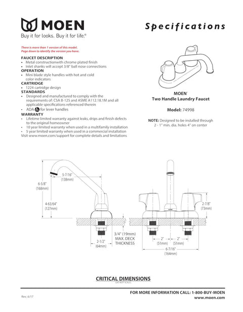 Specification sheet for Chrome Chateau Two Handle 4 Inch Centerset Utility And Laundry Sink Faucet with Threaded Spout and Temperature Control