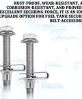 Chevy Fuel Tank Strap Bolts Kit 304 Stainless Steel Gas Tank Strap Bolts For Silverado Suburban Tahoe Avalanche Colorado Yukon Heavy Duty Replacement GM 55157 11516770 11519894 15743078 showing two stainless steel bolts with brackets.