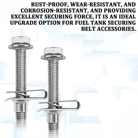 Chevy Fuel Tank Strap Bolts Kit 304 Stainless Steel Gas Tank Strap Bolts For Silverado Suburban Tahoe Avalanche Colorado Yukon Heavy Duty Replacement GM 55157 11516770 11519894 15743078 showing two stainless steel bolts with brackets.