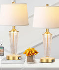 Gold Finish Table Lamp Set Of 2 With Night Lights And USB Ports, Modern Bedside Lamps For Living Room Or Bedroom, White Lampshade