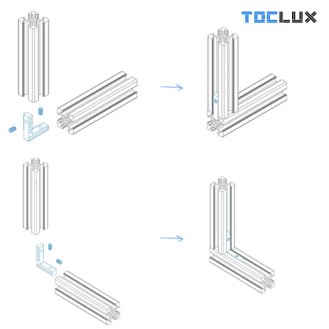 Diagram showing assembly of Built Tough 3030 Interior Corner Connector Kit for 30 Series Aluminum Extrusion with L Shape Inside Bracket.