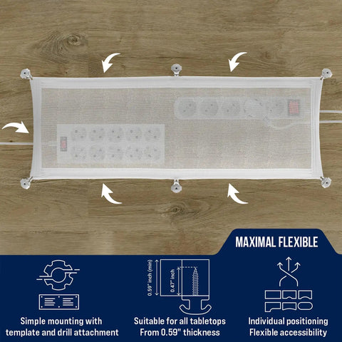Top view of Under Desk Cable Management Net Flexible Wire Organizer Tray White, showing flexible mounting on wooden surface.
