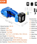 Top Shelf Portable Electric Strapping Machine For Smooth PP And PET Banding Operations With Dual Rechargeable Batteries And Clear Digital Screen, shown with accessories.