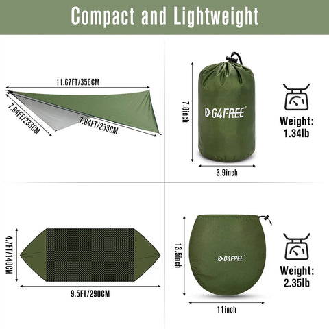 Durable Outdoor Camping Hammock With Mosquito Net And Rain Fly, compact packed dimensions shown, ideal for backpacking.