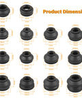 14 Piece Universal Ball Joint Boot Cover Truckin Ready Replacement Kit For Rack And Pinion And Tie Rods, Rubber Boot Covers For Cars, SUVs, And Trucks, Sealing Design Keeps Dirt And Moisture Out, DIY Auto Accessory Upgrade. Product dimension chart with 14 rubber boot sizes