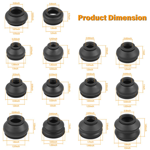 14 Piece Universal Ball Joint Boot Cover Truckin Ready Replacement Kit For Rack And Pinion And Tie Rods, Rubber Boot Covers For Cars, SUVs, And Trucks, Sealing Design Keeps Dirt And Moisture Out, DIY Auto Accessory Upgrade. Product dimension chart with 14 rubber boot sizes