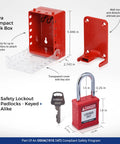 Portable Group Lock Box With Red Keyed Alike Padlock Set Wall Mountable Plastic Safety Cabinet with transparent cover and key slot.