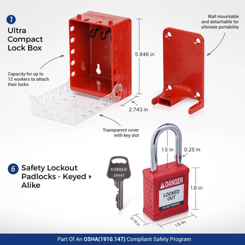 Portable Group Lock Box With Red Keyed Alike Padlock Set Wall Mountable Plastic Safety Cabinet with transparent cover and key slot.