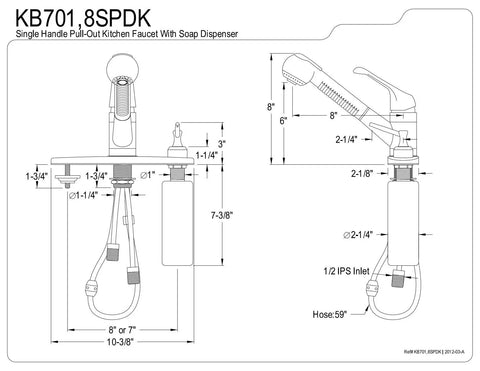 Diagram of Pull Out Kitchen Faucet In Brushed Nickel, Solid Brass Build With Duraseal Washerless Cartridge showing dimensions and parts.