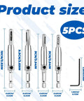 Dead On Self Centering Hinge Drill Bit Set For Doors And Cabinets With Spring Loaded Guide No Sweat Pilot Hole Setup On Every Cabinetry Makeover Or Home Repair Job With Hex Tool size comparison showing five stainless steel bits.