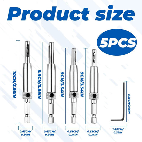 Dead On Self Centering Hinge Drill Bit Set For Doors And Cabinets With Spring Loaded Guide No Sweat Pilot Hole Setup On Every Cabinetry Makeover Or Home Repair Job With Hex Tool size comparison showing five stainless steel bits.