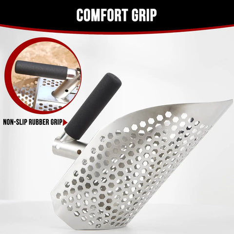 Durable Stainless Steel Sand Scoop For Metal Detecting With Diggin Tool, featuring non-slip rubber grip handle.