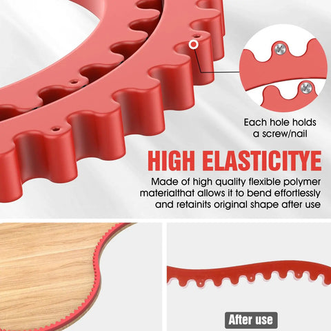 Close-up of 39 Inch Flexible Router Template with red high elasticity material, screw holes detail, used for woodworking edge profiling.