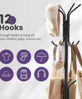Freestanding Coat Rack With 12 Hooks And Umbrella Holder For Entryway Or Hallway Sturdy Metal Tree Stand In Black with accessories