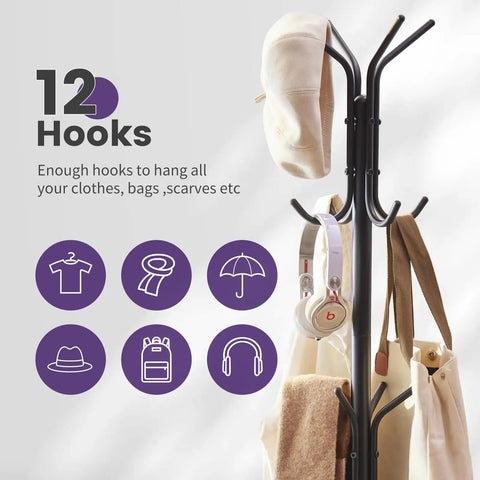 Freestanding Coat Rack With 12 Hooks And Umbrella Holder For Entryway Or Hallway Sturdy Metal Tree Stand In Black with accessories