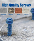 200 Pack 1/4 Inch By 1-1/4 Inch Slotted Hex Washer Head Concrete Screws With Drill Bit And Wrench For Masonry Block Brick Anchoring Blue Heavy Duty Pro Grade Hardware installed in concrete