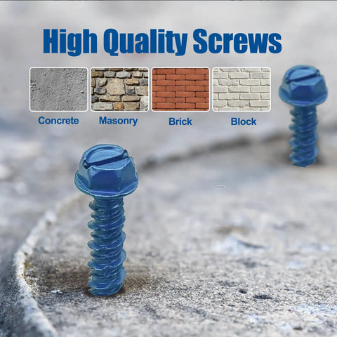 200 Pack 1/4 Inch By 1-1/4 Inch Slotted Hex Washer Head Concrete Screws With Drill Bit And Wrench For Masonry Block Brick Anchoring Blue Heavy Duty Pro Grade Hardware installed in concrete