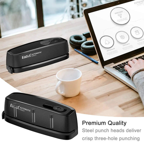 Electric 3 Hole Paper Punch Desktop No Sweat No Fuss 20 Sheet Capacity AC Or Battery Operated 3 Ring Hole Punch Black in office setup
