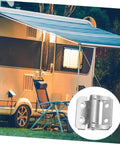 Image of a silver Thickened Zinc Alloy Cabinet Hinge With Damping For Residential Doors next to an RV.