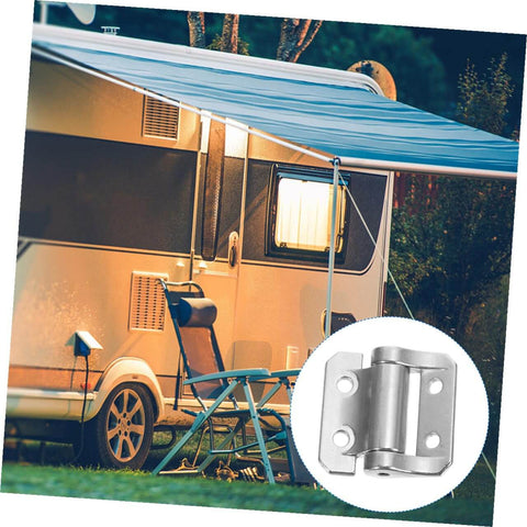 Image of a silver Thickened Zinc Alloy Cabinet Hinge With Damping For Residential Doors next to an RV.