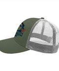 Army Green Full Moon USA Flag Statement Hat For Men Trucker Cap side view with ventilated mesh back