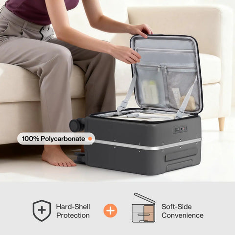 Underseat Carry On Luggage 17x14x9 With PC Hard Shell And Aluminum Frame Top Opening Travel Case On Wheels Scratch Resistant Covestro PC Rock Gray No Fuss City Ready Luggage Opened on Floor Next to Sofa