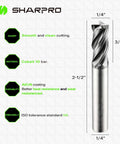 SHAPPRO 1/4 in shank carbide square end mill, 4-flute, AlCrN coating, side view.