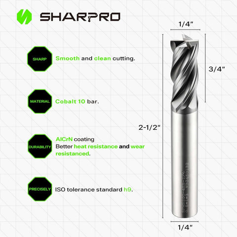 SHAPPRO 1/4 in shank carbide square end mill, 4-flute, AlCrN coating, side view.