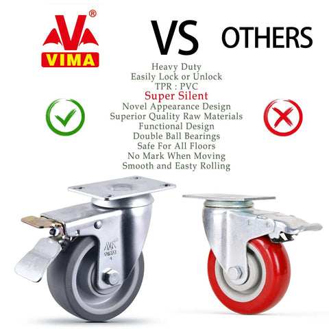 Front view of 4-inch heavy-duty caster wheels with brakes; set of 4, gray and red rubber wheels, metal mounting plates