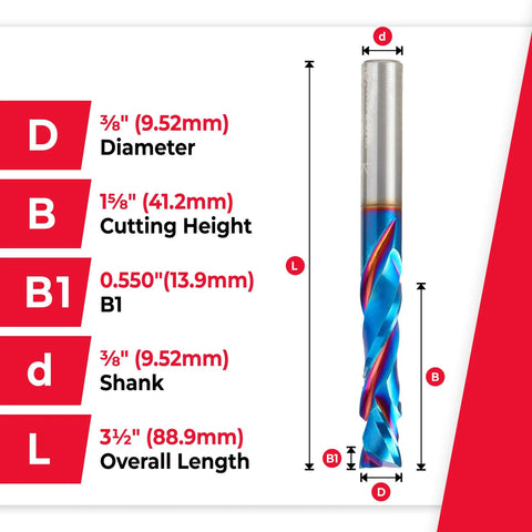Spektra Extreme Tool Life Solid Carbide CNC Compression Spiral Router Bit 2 Flute with dimensions listed