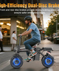 Person riding Electric Bike For Adults And Teens With 1200W Peak Motor Folding Commuter Ebike Up To 25 MPH And 30 To 45 Mile Range.