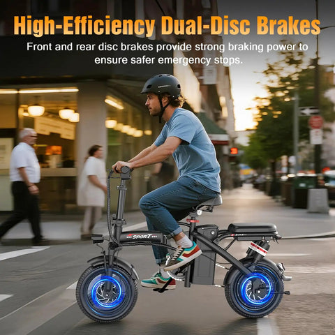 Person riding Electric Bike For Adults And Teens With 1200W Peak Motor Folding Commuter Ebike Up To 25 MPH And 30 To 45 Mile Range.