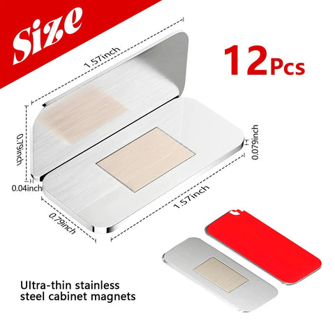 12 Pack Magnetic Cabinet Door Catch No Drill Ultra Thin Stainless Steel Hardware with size dimensions and adhesive backing