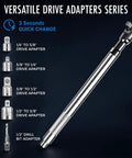 Versatile drive adapters series featuring multiple sizes for Half Inch drive, including 1/2 to 3/8 inch and 1/2 drill bit adapter.