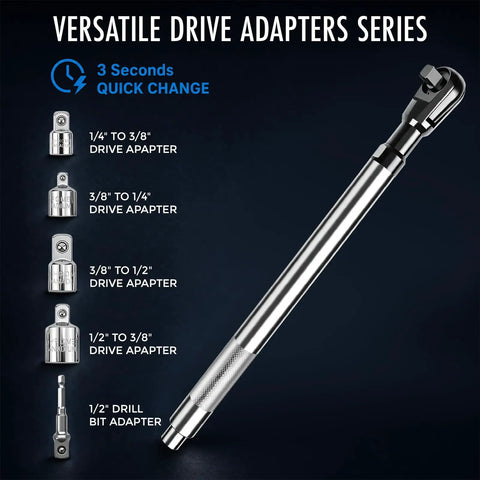 Versatile drive adapters series featuring multiple sizes for Half Inch drive, including 1/2 to 3/8 inch and 1/2 drill bit adapter.