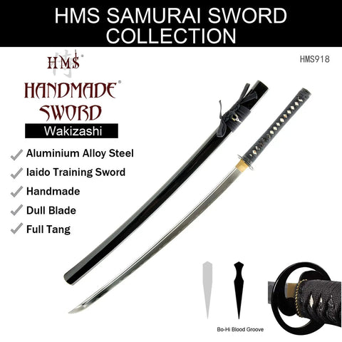 Kickass Unsharpened Aluminum Wakizashi Iaito For Iaido Practice 21 Inch Tomoe Crest Training Sword with black scabbard and fuller