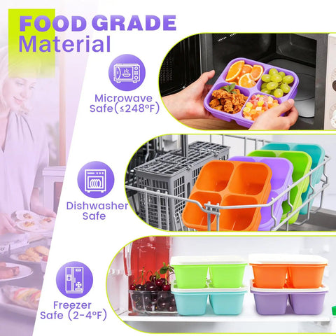 4 Pack Snack Containers And Bento Box For Meal Prep Reusable BPA Free Wheat Straw Food Storage With 4 Compartments Stackable Lunch Boxes For Work Travel And Gym Grab And Go Eco Friendly Everyday Use Colors Grass Green Pink Green Purple shown in microwave, dishwasher, and freezer.