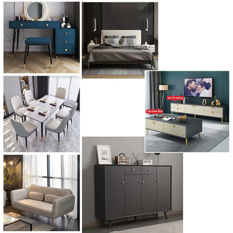 Image showcasing living room and bedroom setups using Heavy Lifter Cone Metal Table Legs 4 Pack, Rust Resistant Iron.