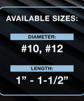 Available sizes for Heavy Duty Size 10 X 1 Inch Low Profile Standing Seam Metal Roofing Screws include #10, #12 diameter.
