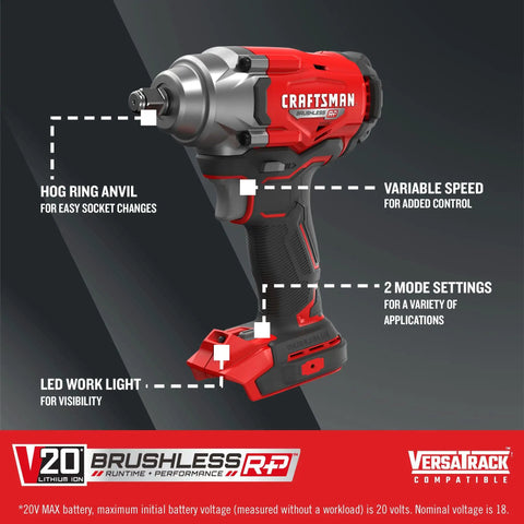 V20 Cordless Impact Wrench One Half Inch Bare Tool Only With Brushless Motor Beefy Torque Up To 275 Foot Pounds Dual Speed Modes LED Work Light Hog Ring Anvil For Quick Socket Changes on display with feature labels