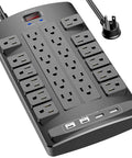 Surge Protector Power Strip With 24 Outlets And 4 USB Ports Including 2 USB C 4100J Surge Protection 6 Foot Flat Plug Heavy Duty Extension Cord ETL Listed For Home Office Dorm Room Black, angled view