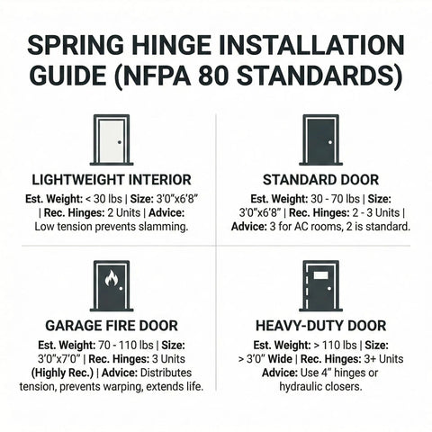 Spring hinge installation guide detailing weights, sizes, and recommendations for different door types with a heavy-duty focus.