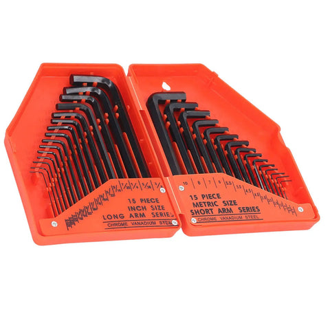 The Ultimate 30 Piece Hex Wrench Set Made From Tough 45 Steel, Featuring Inch And Metric Key Sizes For Any Home Fixer Upper Job Or Furniture Build Without Breaking A Sweat. 30-piece inch and metric hex key set in orange case, long and short arm