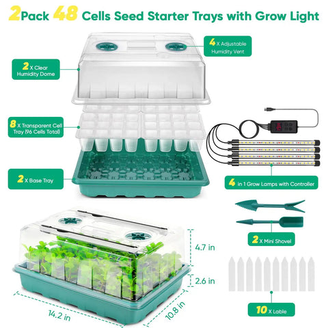 96 Cell Seed Starter Tray With Grow Light, Seed Starting Trays And Adjustable Humidity Dome, Indoor Garden Starter Kit For Seedlings, Full Spectrum LED Grow Light With Adjustable Brightness And 1 To 19 Hour Timer