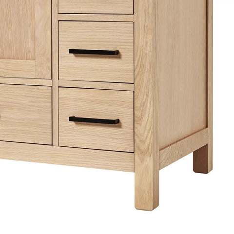 Top Shelf 42 Inch Single Rectangle Sink Bathroom Vanity Made From Premium Grade Solid Oak Wood With Drop Dead Gorgeous Nero Marquina Black Quartz Countertop Built Like A Tank - close-up of drawers with black handles.