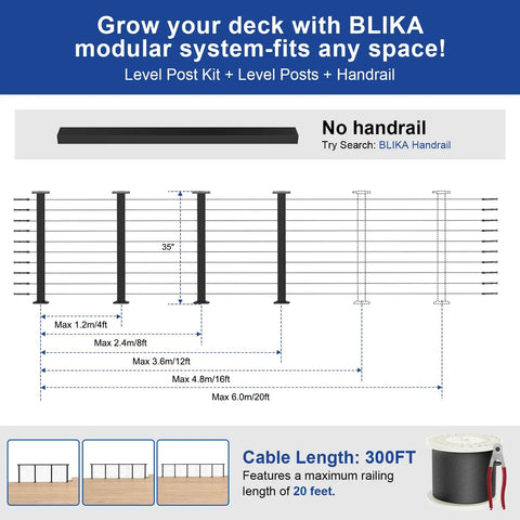 DIY Cable Railing Kit For Decks And Stairs, Black Level Drilled Posts, Swageless System With 4 Post Set, 36 Inch Railing Posts, One Eighth Inch Stainless Steel Cable, 300 Feet Total, No Handrail